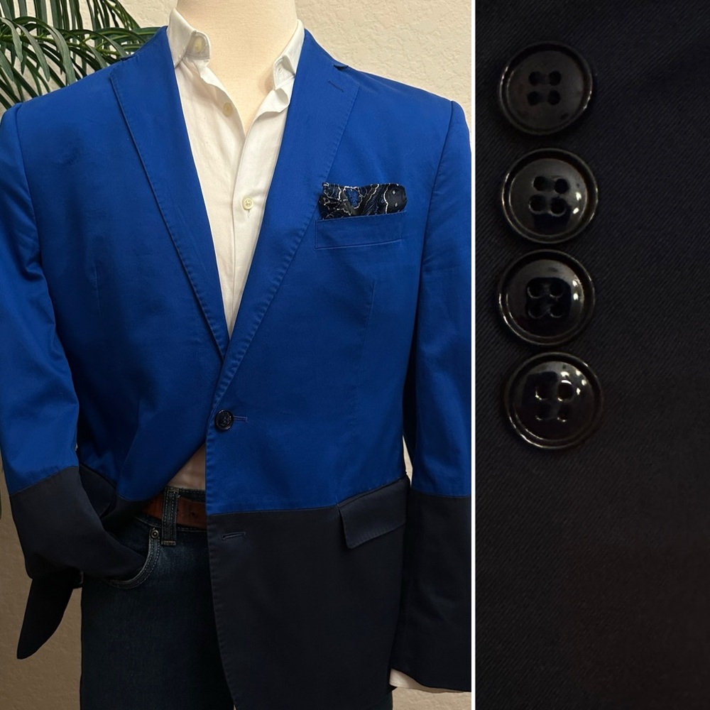 TALLIA BLAZER SIZE 44 ROYAL BLUE BLACK SPORT COAT COLORBLOCK COTTON SUIT JACKET